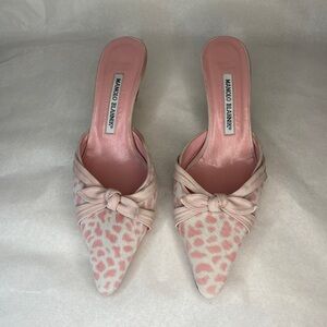 Vintage Manolo Blahnik Pink and White Cow Print Bow Kitten Heel Mules